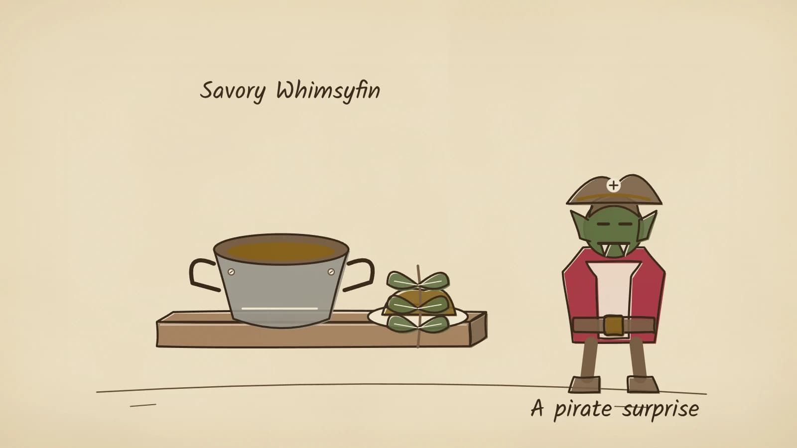 Hand-inked illustration of a two-handled cooking pot of golden broth on a shelf with a leaf-garnished dish on a plate beside it, and an Orc in a tricorn hat and red pirate coat standing where a traveller in a blue tunic stood.