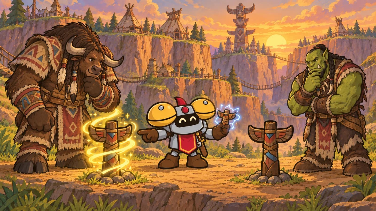 A tauren shaman's Windfury totem glows gold at Thunder Bluff while an orc shaman's second totem stands unlit nearby, Dee pointing between them.