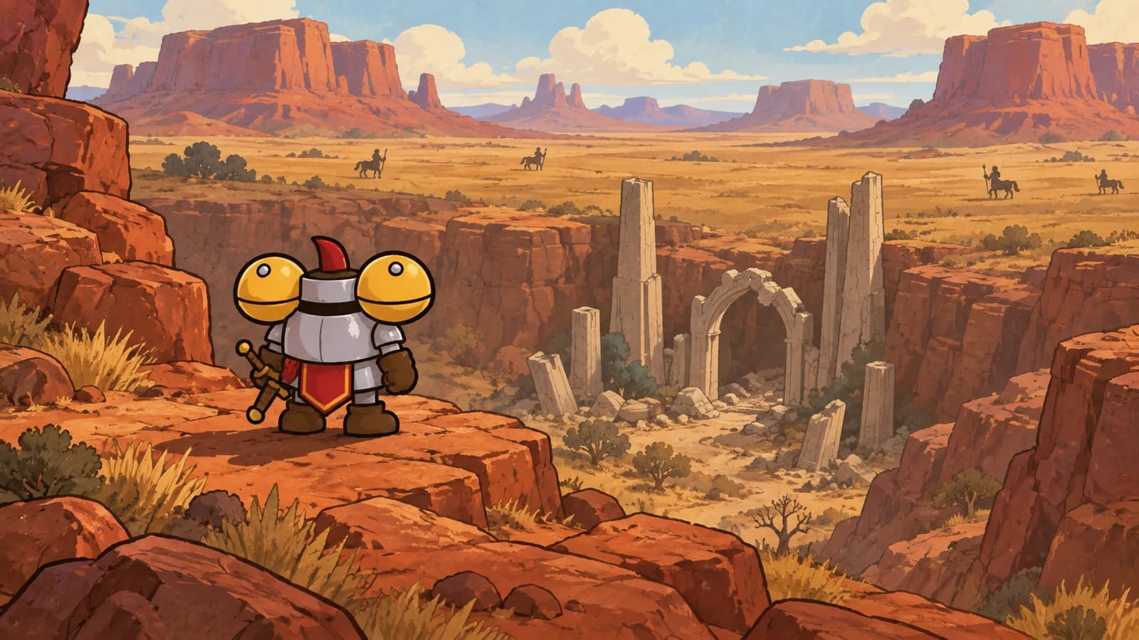Dee on a ridge between red mesas and a dry centaur plain, a ruined elven gate in the canyon below with no signpost.