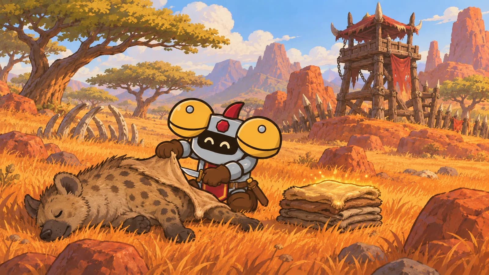 Dee the knight skins a hyena in The Barrens, kneeling by a stack of folded leather with one glowing hide.