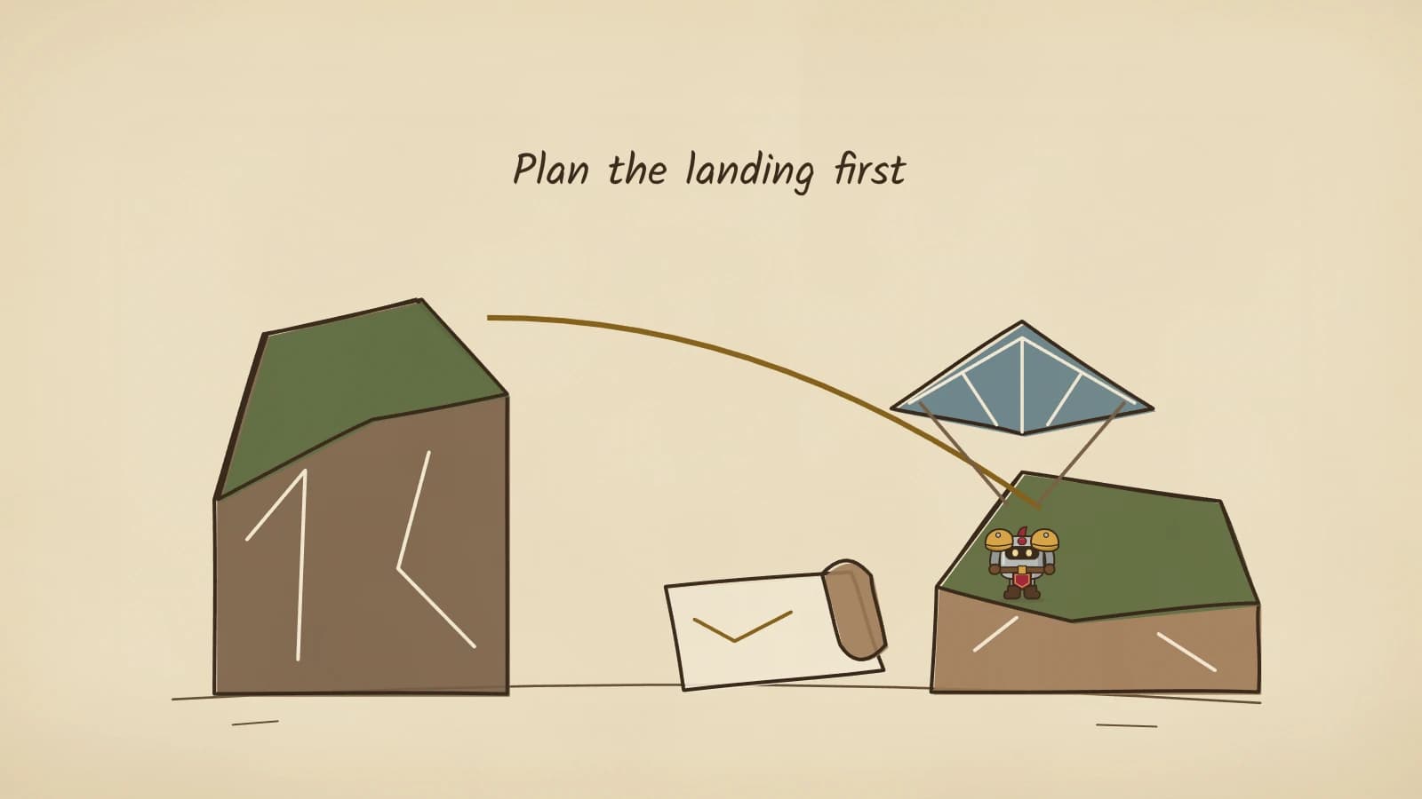 Hand-inked illustration of Dee hanging beneath a blue glide sail, landing on a low grassy ledge after a gold arc from a taller cliff, with a partly rolled map lying in the gap.