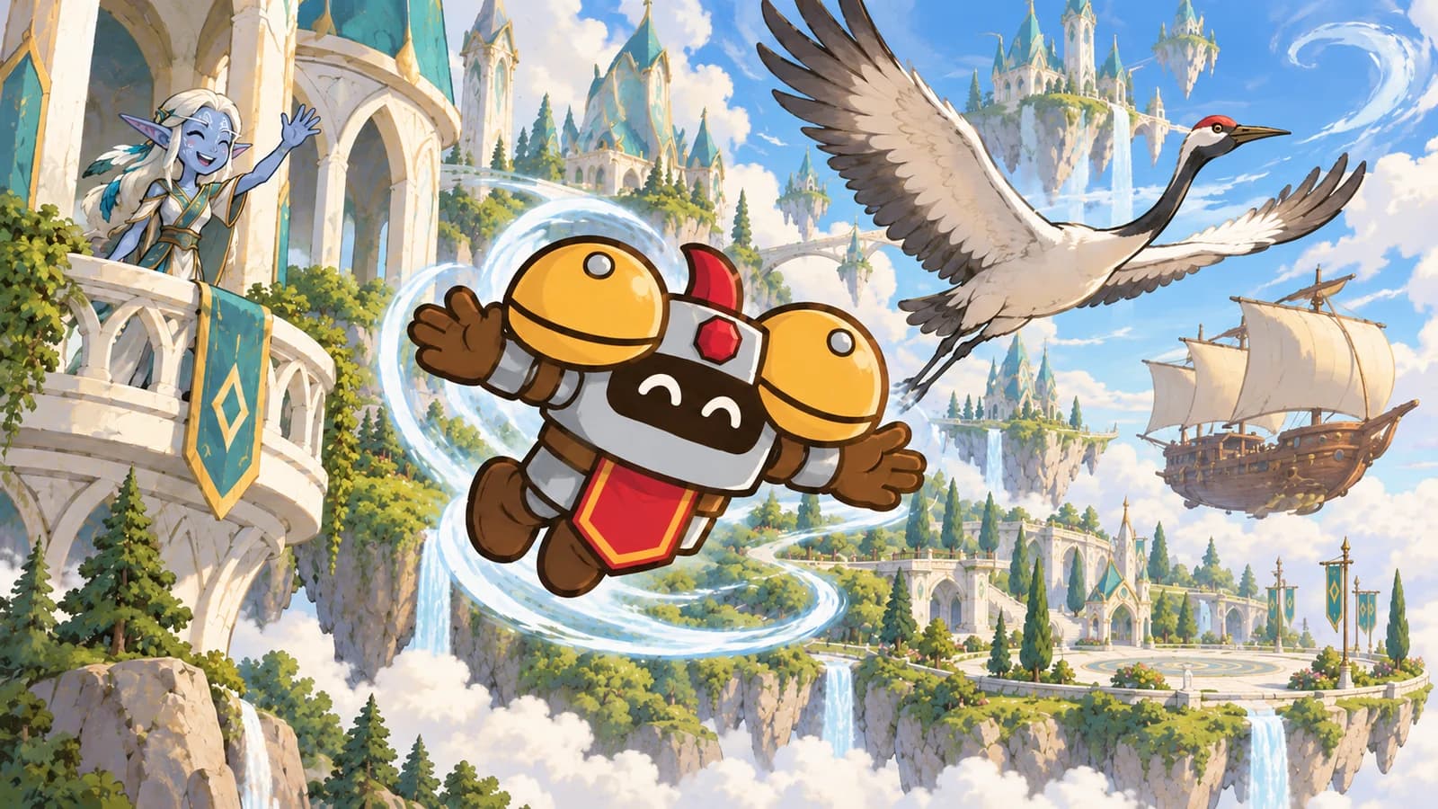 Dee gliding off a white stone tower on a floating island in the clouds, with a Skyborne elf waving and a sailed airship drifting past.