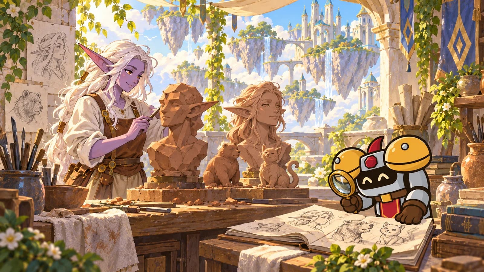 A Skyborne sculptor works on angular and finely detailed clay portraits beside bear and cat studies while Dee examines a sketchbook.
