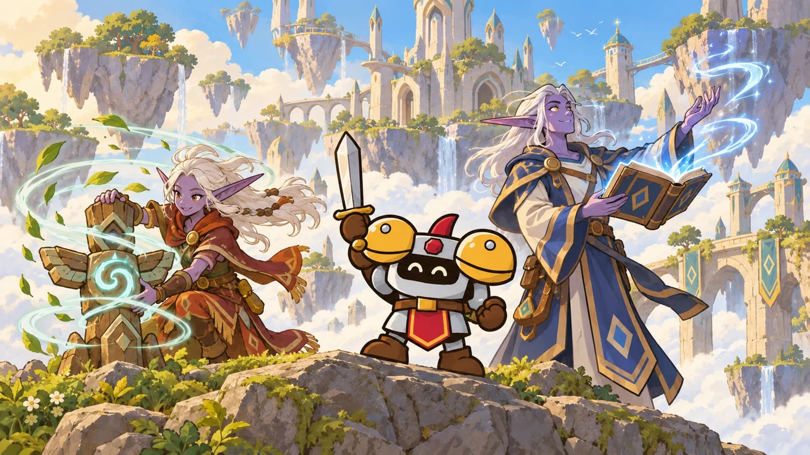 Dee stands between a Windshaper elf with a totem and a High Order elf with a glowing tome on windy Zephras Isle.