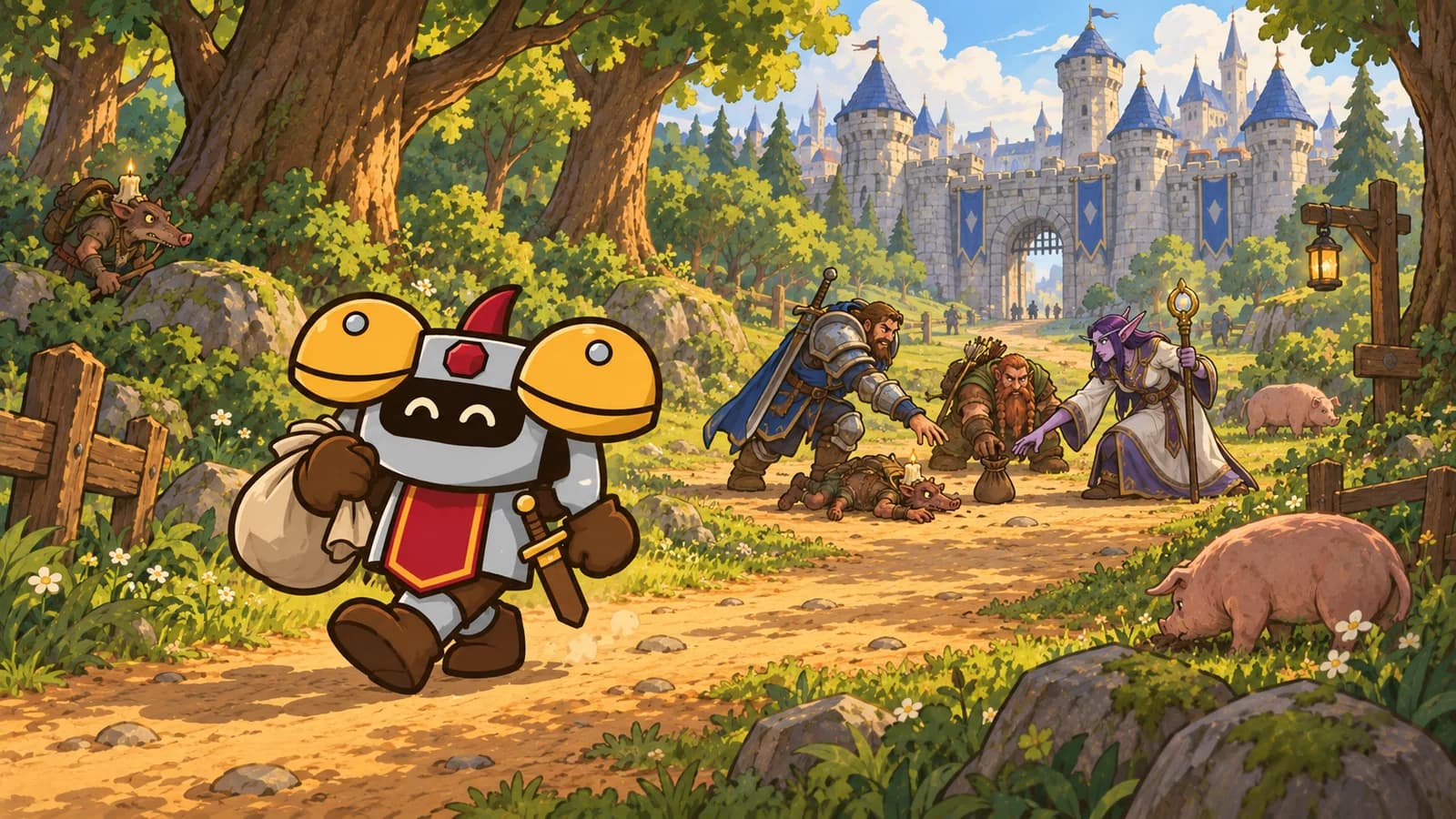 Dee walking alone down Elwynn Forest's road toward Stormwind, while a human, dwarf, and night elf wait behind over one kobold's single dropped pouch.