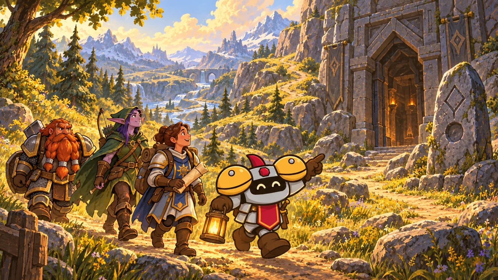 Dee leads adventurers along a winding forest trail toward a dungeon entrance and an unlit meeting stone.
