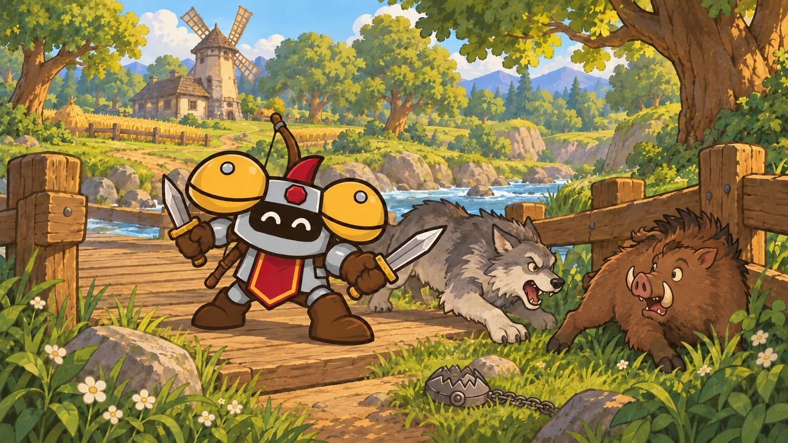 Dee stands on an Elwynn Forest bridge, bow on his back, drawing twin blades as his wolf lunges at a boar and a steel trap lies sprung at his feet.