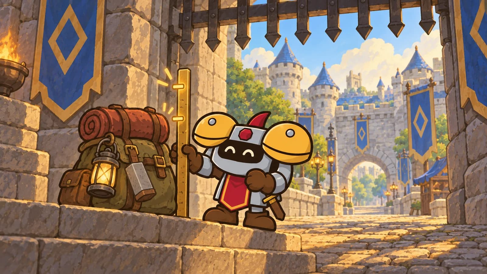 Dee the knight holds a glowing measuring gauge against a traveler's bedroll, lantern, and whetstone at Stormwind's open gate in warm afternoon light.
