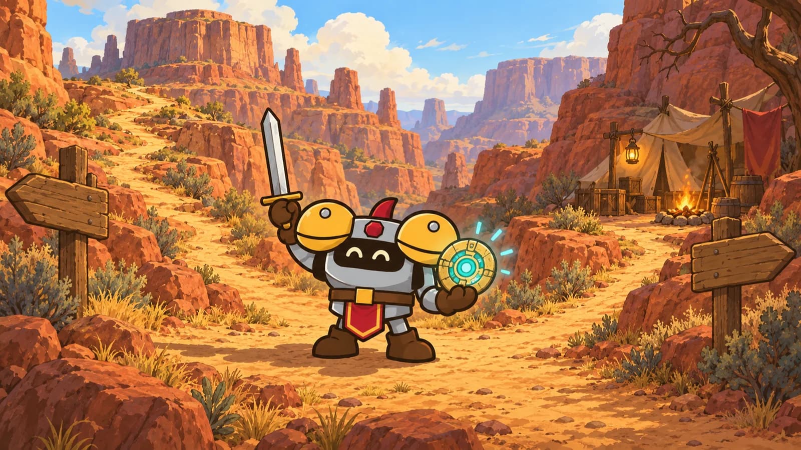 Dee at a fork in a red canyon, sword and a glowing relic in hand, one trail climbing to a mesa and the other leading to a tent dig camp.
