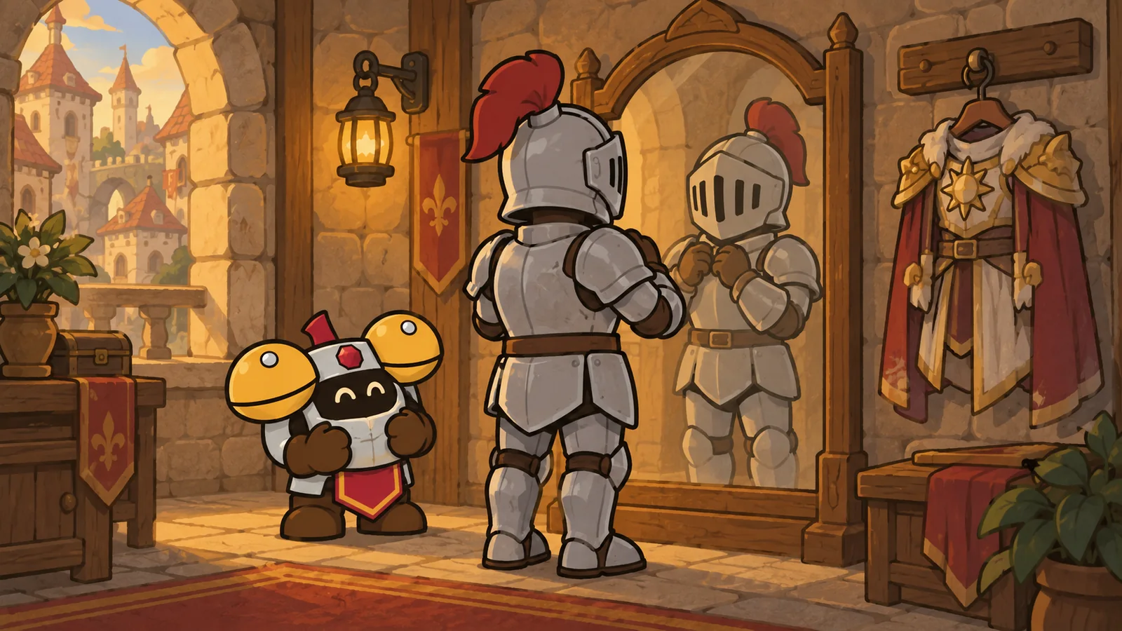 Dee beside a plate-armored knight at a city mirror; the reflection shows the same plain armor while a gold costume hangs unused on a hook.