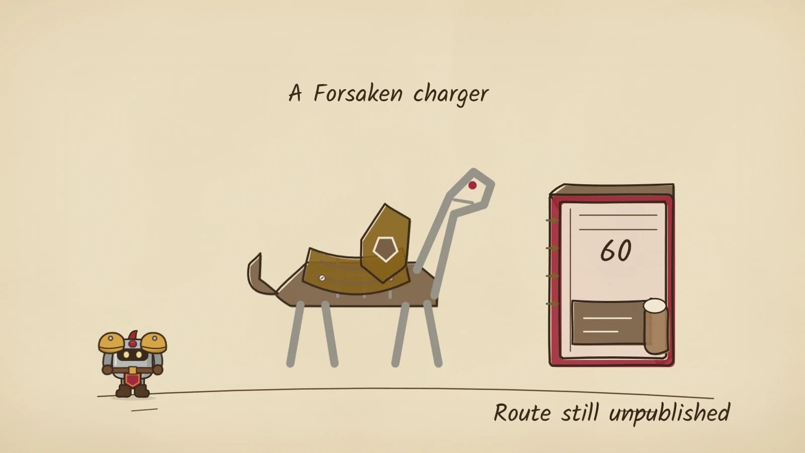 Hand-inked illustration of a skeletal horse taking on a gold saddle and a gold chest plate with a pentagon emblem, beside a red ledger marked 60 with a rolled-up scroll on its page.