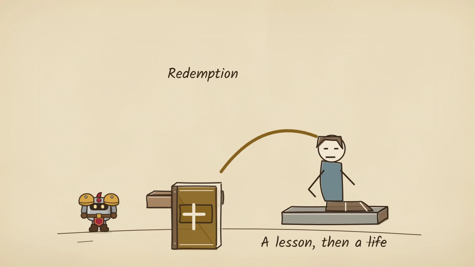 Hand-inked illustration of a gold-bound book marked with a cross standing on a plinth, a gold arc of light running from it to a plain figure who has risen upright on a stone slab, with Dee watching from the left.