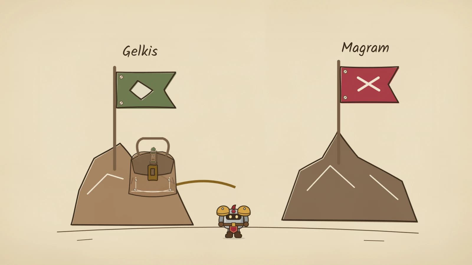Hand-inked illustration of two flags labelled Gelkis and Magram on facing hills, with Dee between them and a satchel topped by a small carved totem arriving on the Gelkis hill along a gold path.