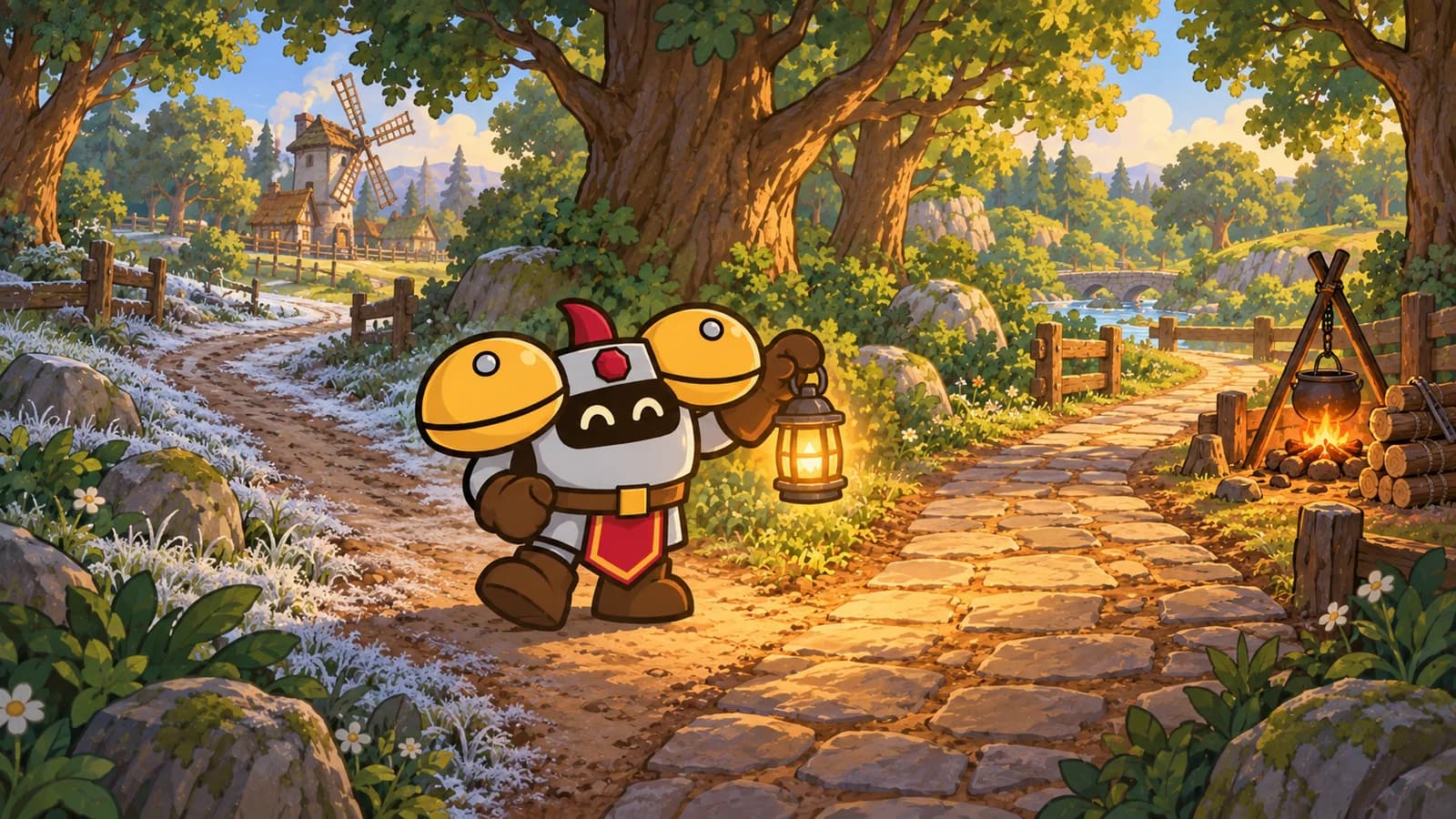 Dee the knight holds a lantern at a forest fork near Goldshire's windmill, one road frosted and still, a new stone path and campfire glowing beside it.