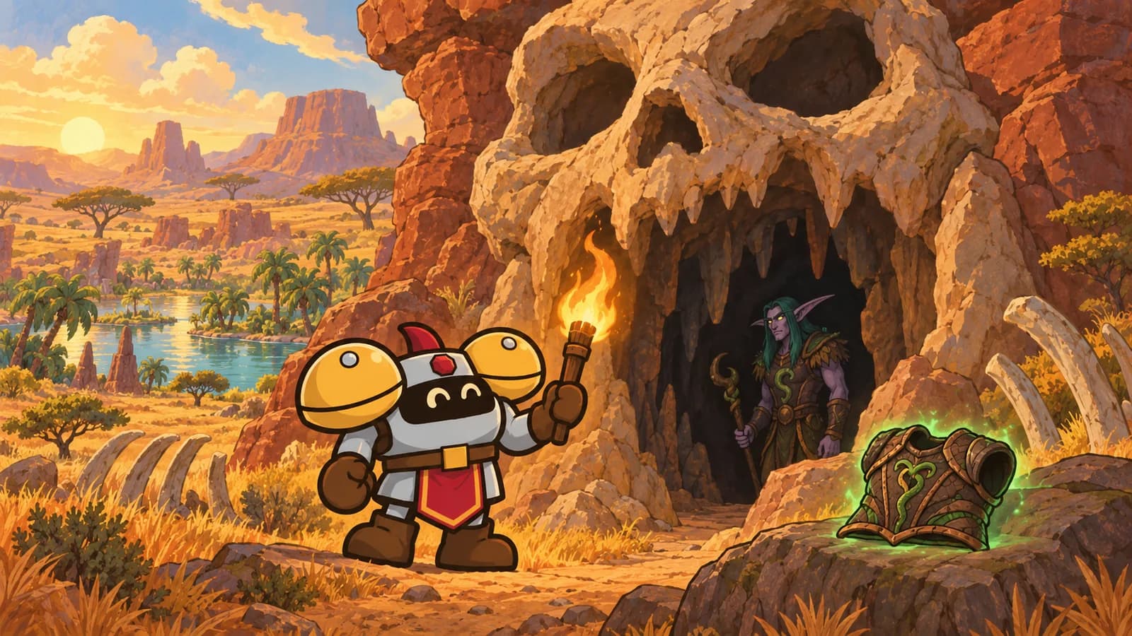 Dee the armored knight stands with a torch before the skull-shaped Wailing Caverns cave entrance in The Barrens, a night elf druid watching from the shadows.