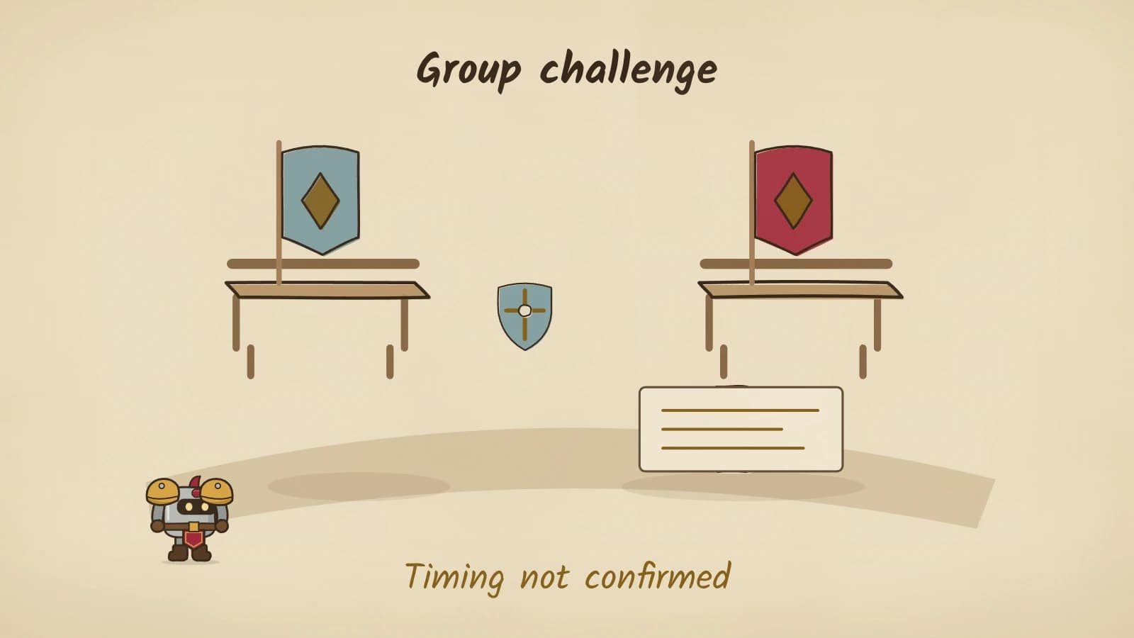 Ink-and-parchment scene of two long wooden benches, a blue banner behind one and a red banner behind the other, with a shield standing between them. A rolled challenge with a red wax seal travels from the blue side to the red side and opens into a written page. Dee watches from the left; labels read Group challenge and Timing not confirmed.