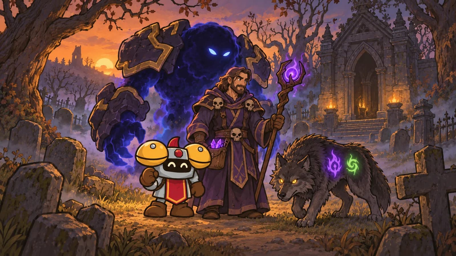 Dee beside a human warlock in Duskwood's Raven Hill Cemetery, a towering Voidwalker demon and a wolf marked with both a bane and a curse glyph.