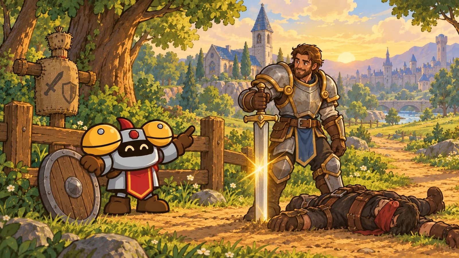 A human Warrior in Elwynn Forest raises a two-handed sword glowing gold after a kill, Dee beside a shield against a fence, Northshire Abbey behind.