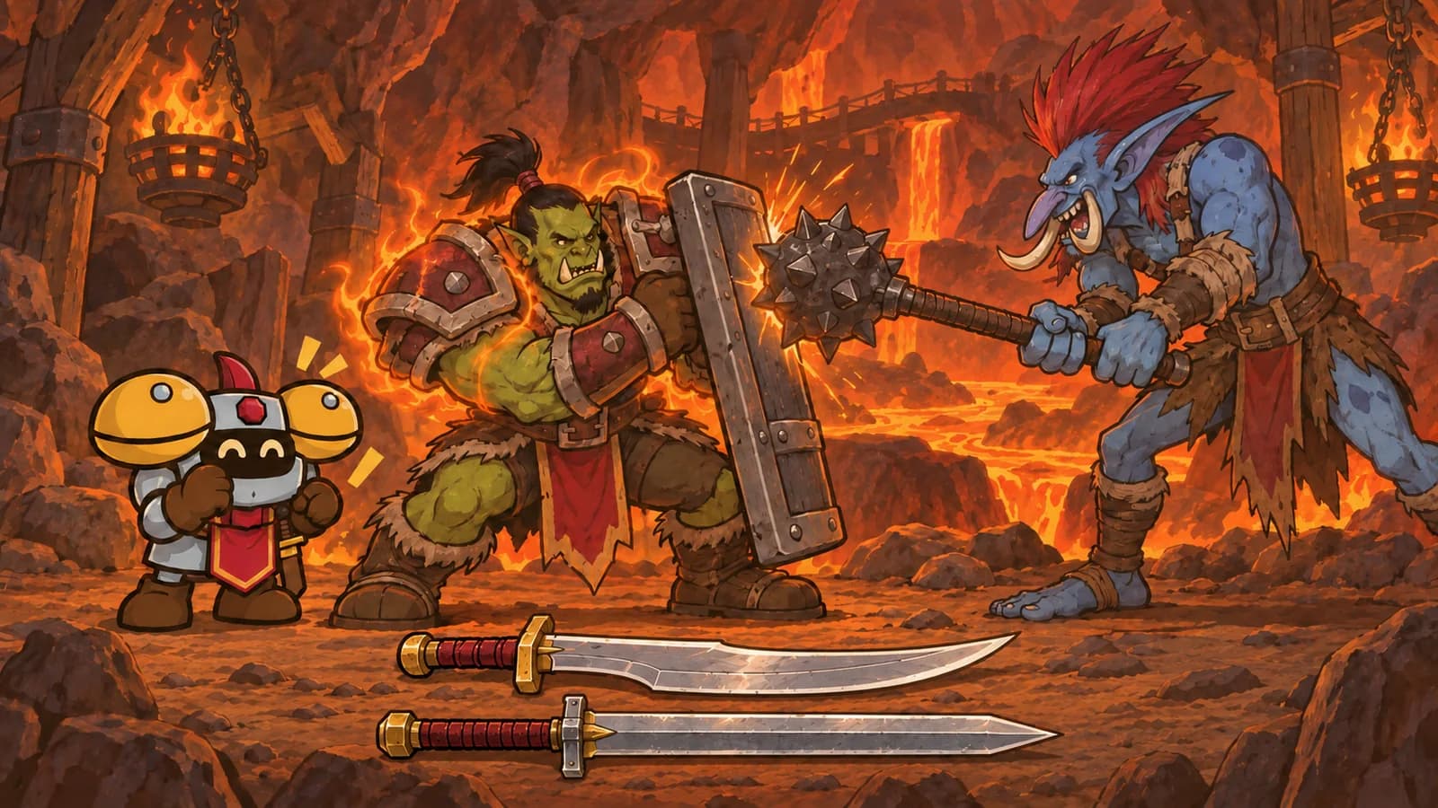Dee beside an orc warrior blocking a troll's mace with a shield in Ragefire Chasm, rage glow still on the orc, a dagger and greatsword lying together.