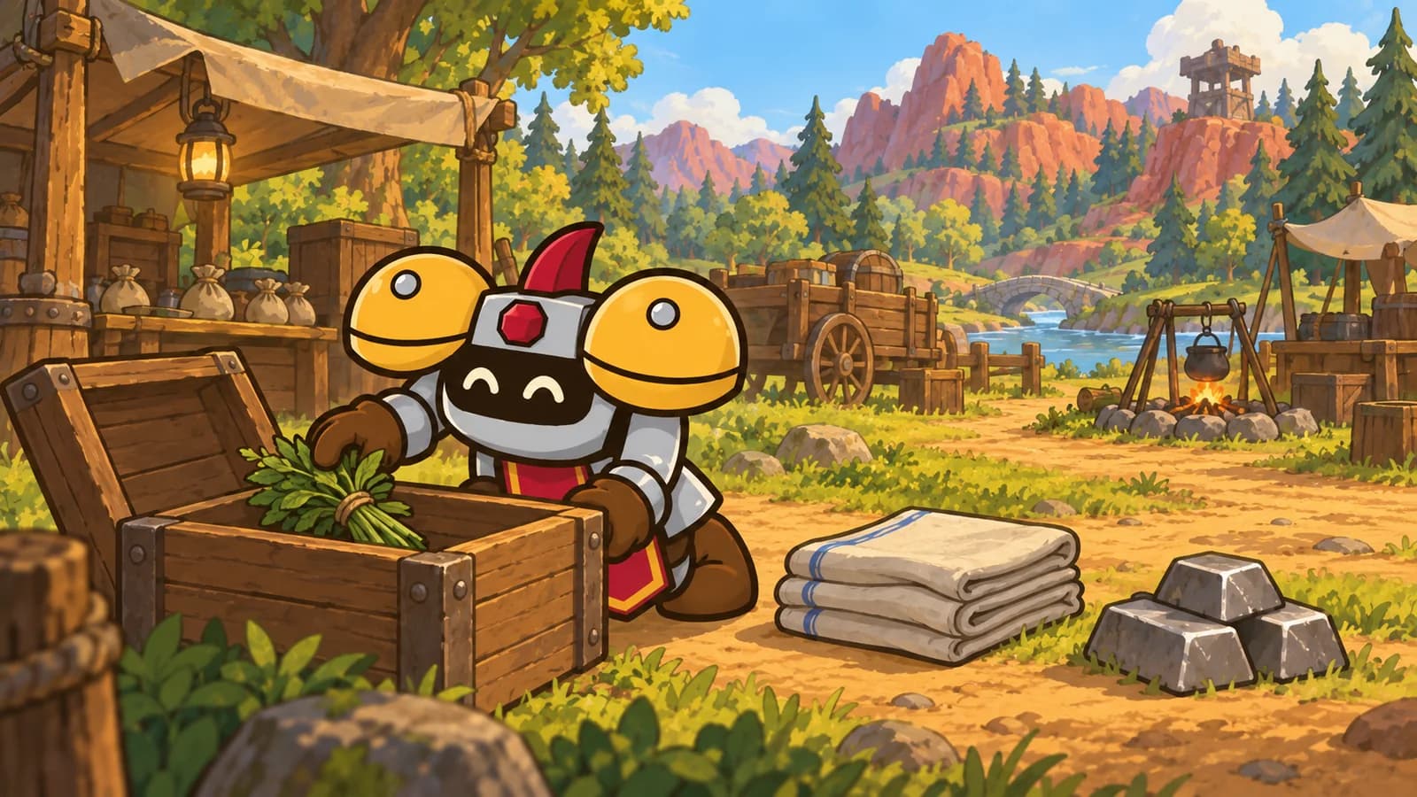 Dee kneeling at a Redridge Mountains trade camp, placing one herb bundle into an open crate while folded cloth and ore bars sit untouched beside it.