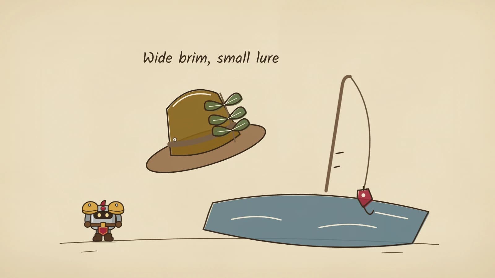 Hand-inked illustration of a wide-brimmed hat with a leafy sprig in its band tilting in the air, beside a propped fishing rod whose line ends in a small red lure at the edge of a pool.