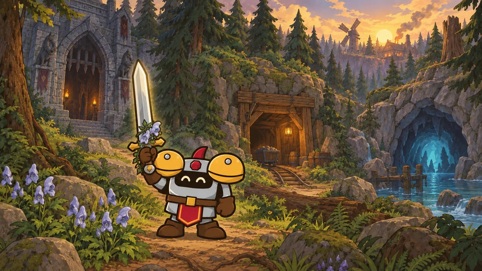 Dee the Undead Paladin raising the glowing Wolfsbane sword on a Silverpine Forest path, three dungeon entrances behind him and wolfsbane flowers underfoot.