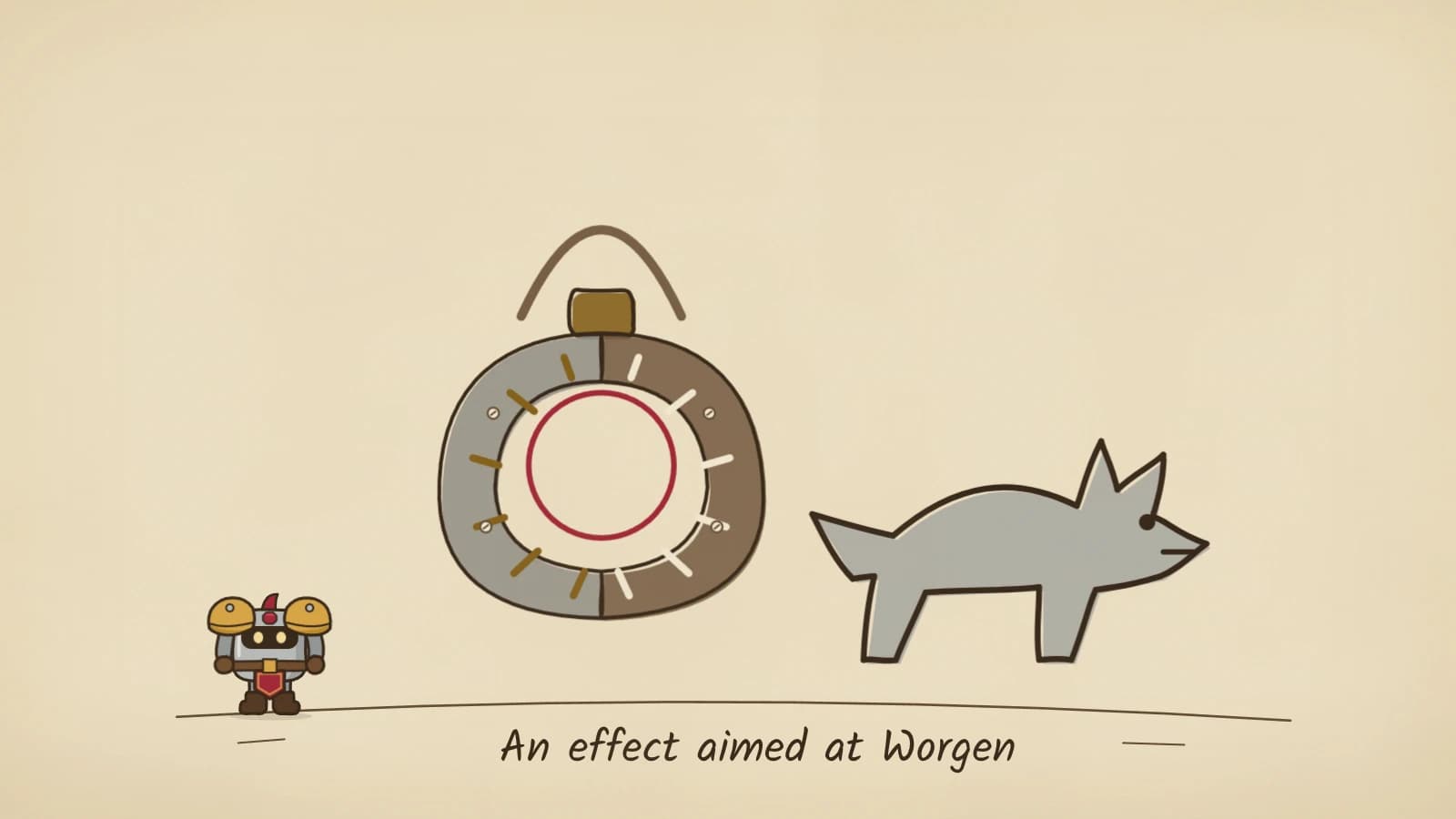 Hand-inked illustration of a round talisman hanging from a cord, its grey and brown carved halves closed around a red circle, beside a grey wolf-like silhouette.