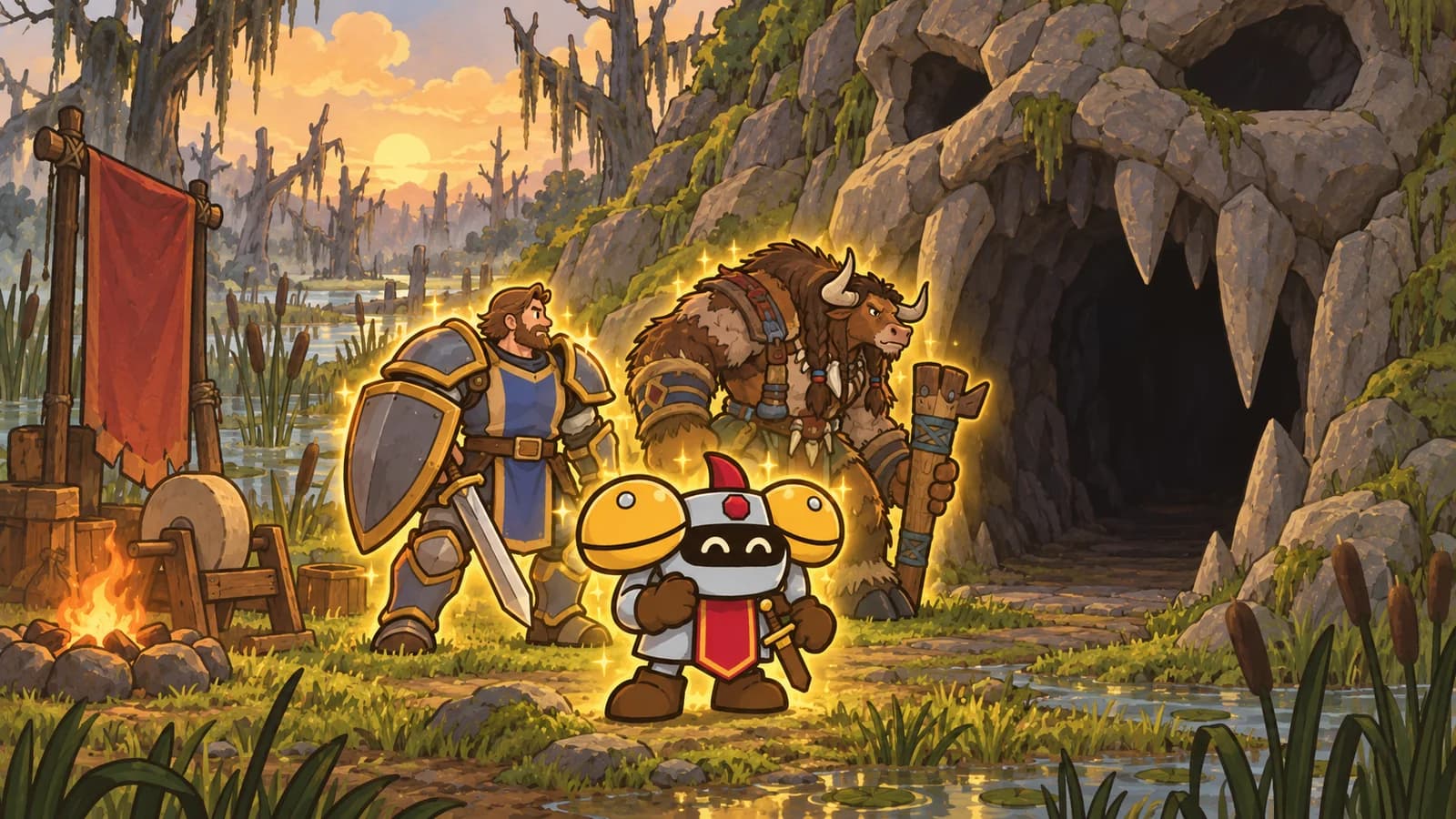 Dee glowing with a gold aura outside Onyxia's Lair's skull-shaped cave mouth in Dustwallow Marsh, a lit campfire and camp objects beside him.