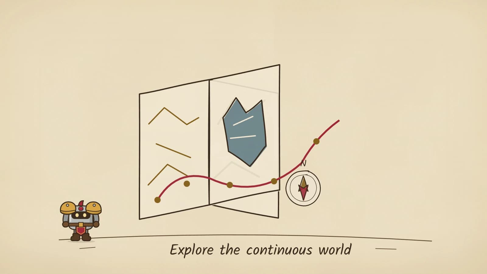 Hand-inked illustration of a folding map opening panel by panel, a red line with gold discovery dots running across it, and a compass sliding along below.