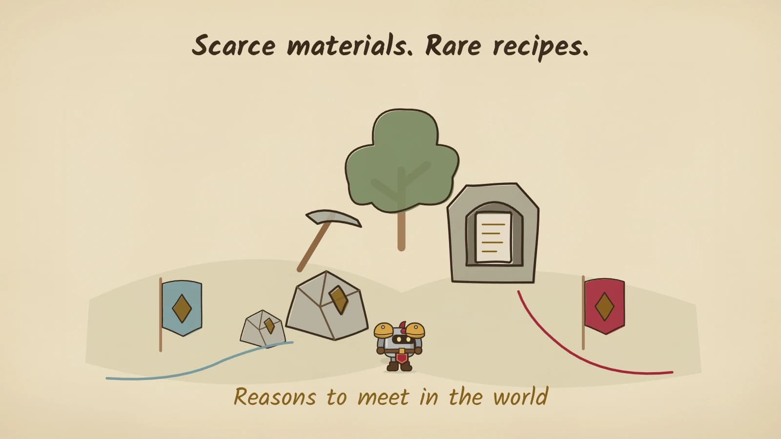 Hand-inked parchment scene beneath a large tree: a mining pick swings at a pair of rocks, and a recipe page sits in a small stone alcove. Blue and red pennants approach along separate trails from opposite sides while Dee stands in the middle. A heading across the top names scarce materials and rare recipes, and the caption reads Reasons to meet in the world.
