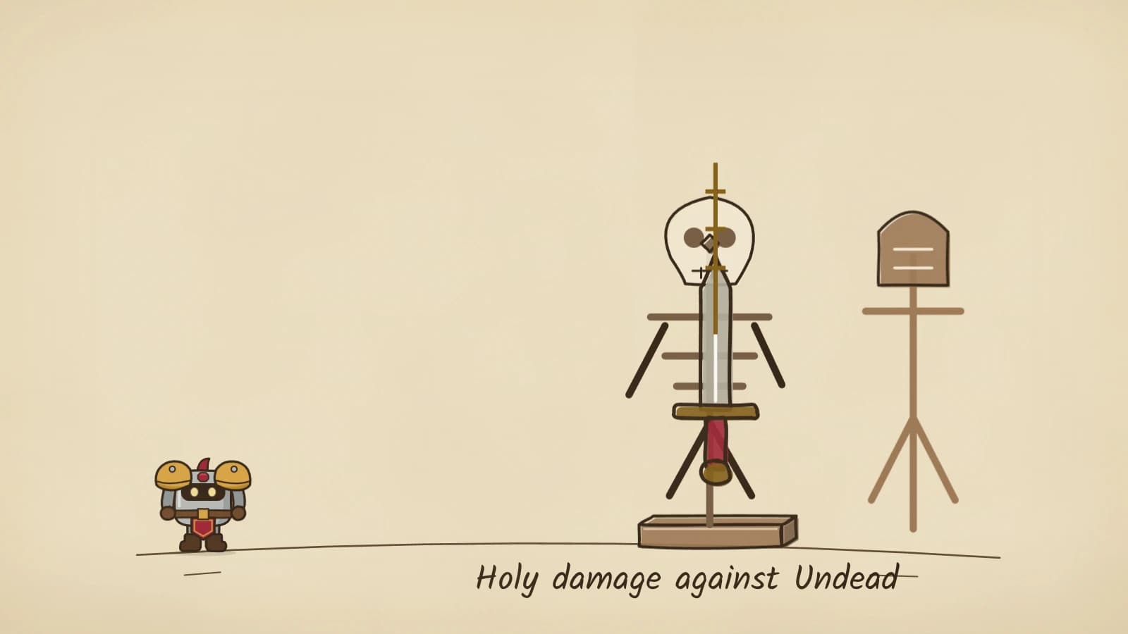 Hand-inked illustration of a sword whose gold rune marks light up as it reaches a skeleton training dummy, a plain wooden dummy beside it, above the words Holy damage against Undead.