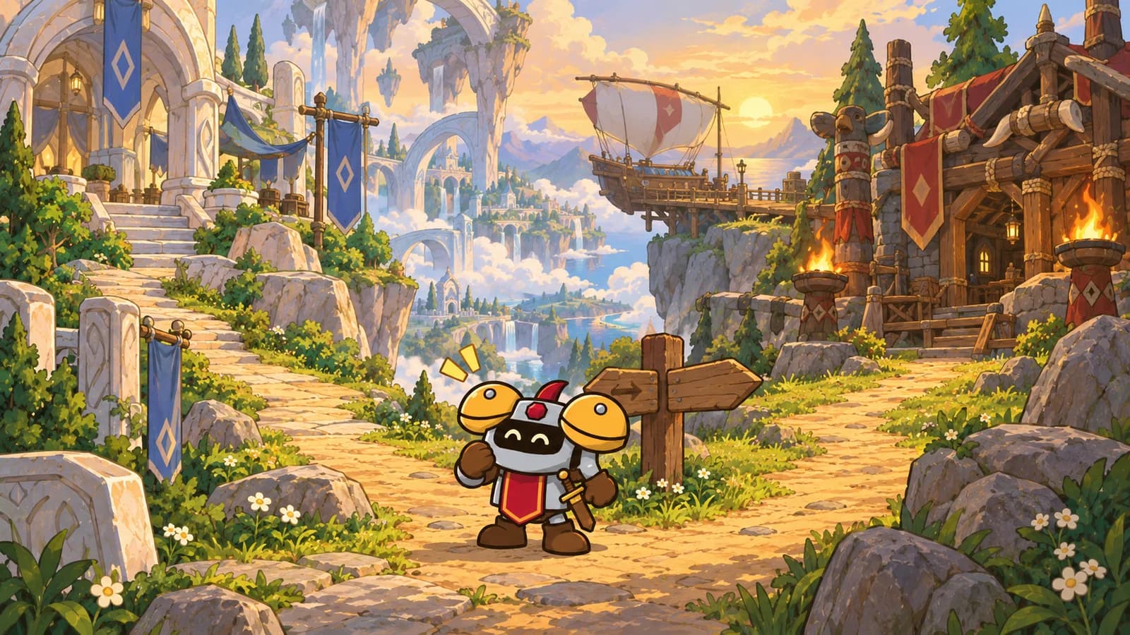 Dee stands at a cliff path forking toward two island lodges, one arcane and pale, one elemental and carved, with a skycutter docked beyond.
