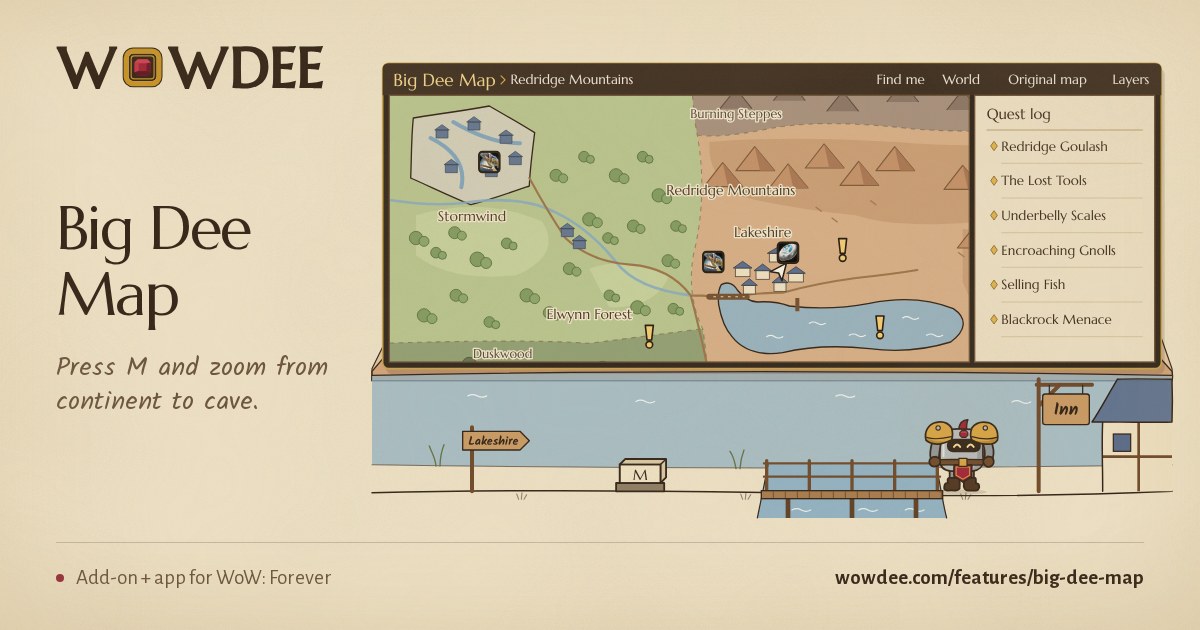 Big Dee Map: one continuous map with selectable quest, book and gathering layers.